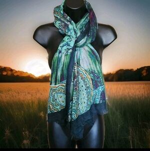 Paisley Pattern Rectangle Scarf Wrap Blue Green Purple 24"×81" Lightweight READ